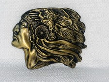 Vintage 1970  s Native American Indian Chief Feather Head Brass Belt Buckle