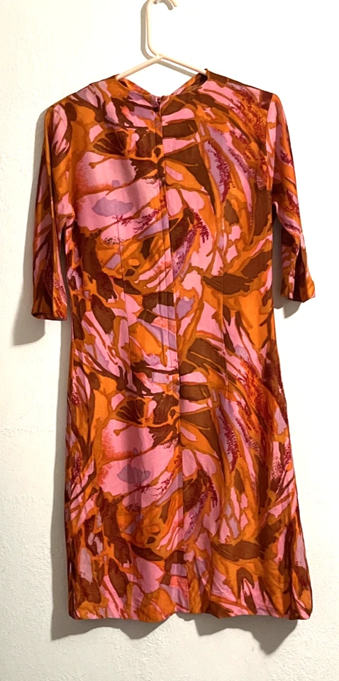 Vestido Vintage Lady Tucker Médio Laranja/Rosa Marrom Manga 3/4 Midi Anos 70 - Imagem 2 de 4