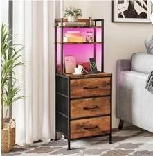  41 Inch Tall Nightstand with Charging Station, Led Night Stand Black 3 Drawers