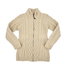 Aran Woollen Mills Cable Aran Full Zip Cardigan Women’s SMALL Merino Wool Chunky