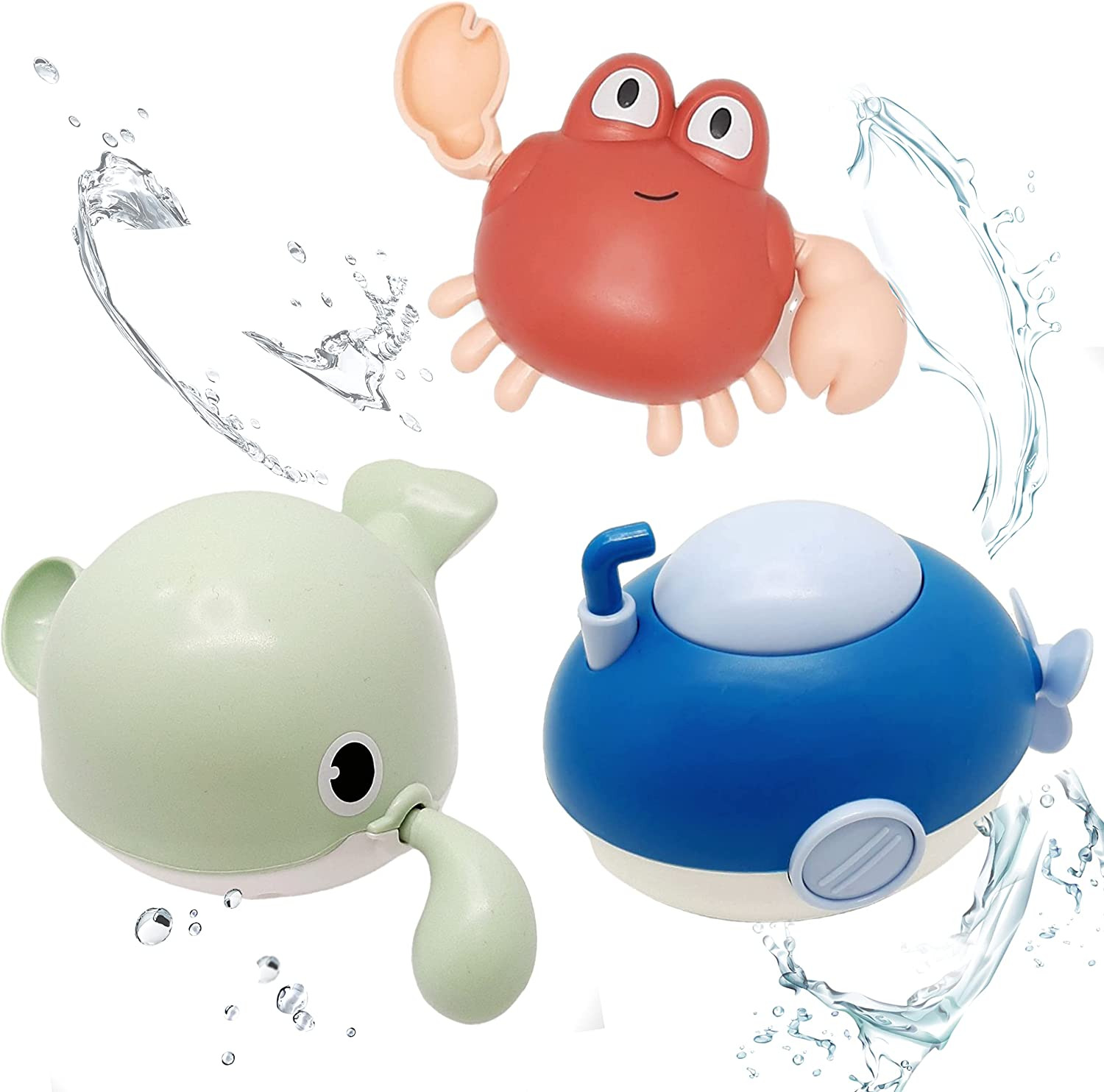 Baby & Toddler Bath Wind-Up Swimming Toys (Submarine, Whale, Crab, 3Pcs)