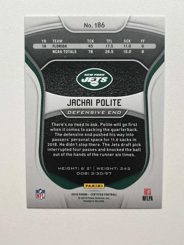 2019 Panini Certified Mirror Red #186 Jachai Polite /99 New York Jets Card - Image 2 of 2