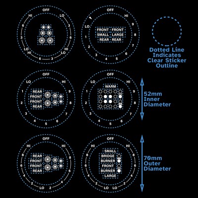 White Text 6 x Dials For GE  Hi-Lo AC/CCW 52mm 2'' Burner Sticker Oven Label