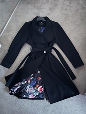 Ted baker black wool blend long coat size 4 Trench Coat Wrap Coat Uk 14