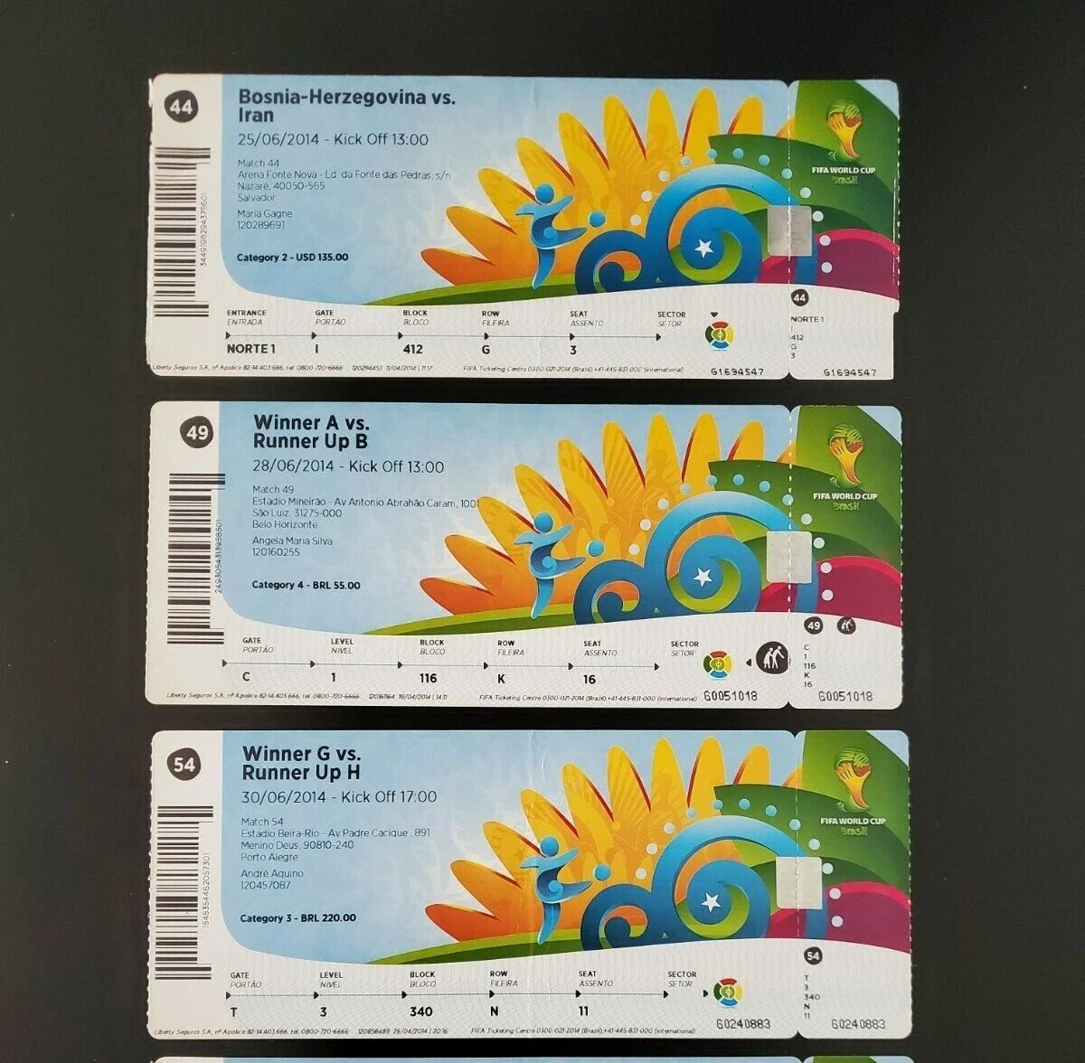FIFA WORLD CUP 2014 TICKETS GAME 3,5,6,9,13,16,18,22,24 26,29,35
