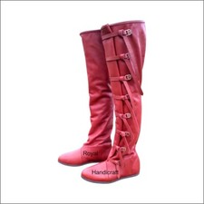Roman Leather long boots pair Red color leather long buckle strap boot pair
