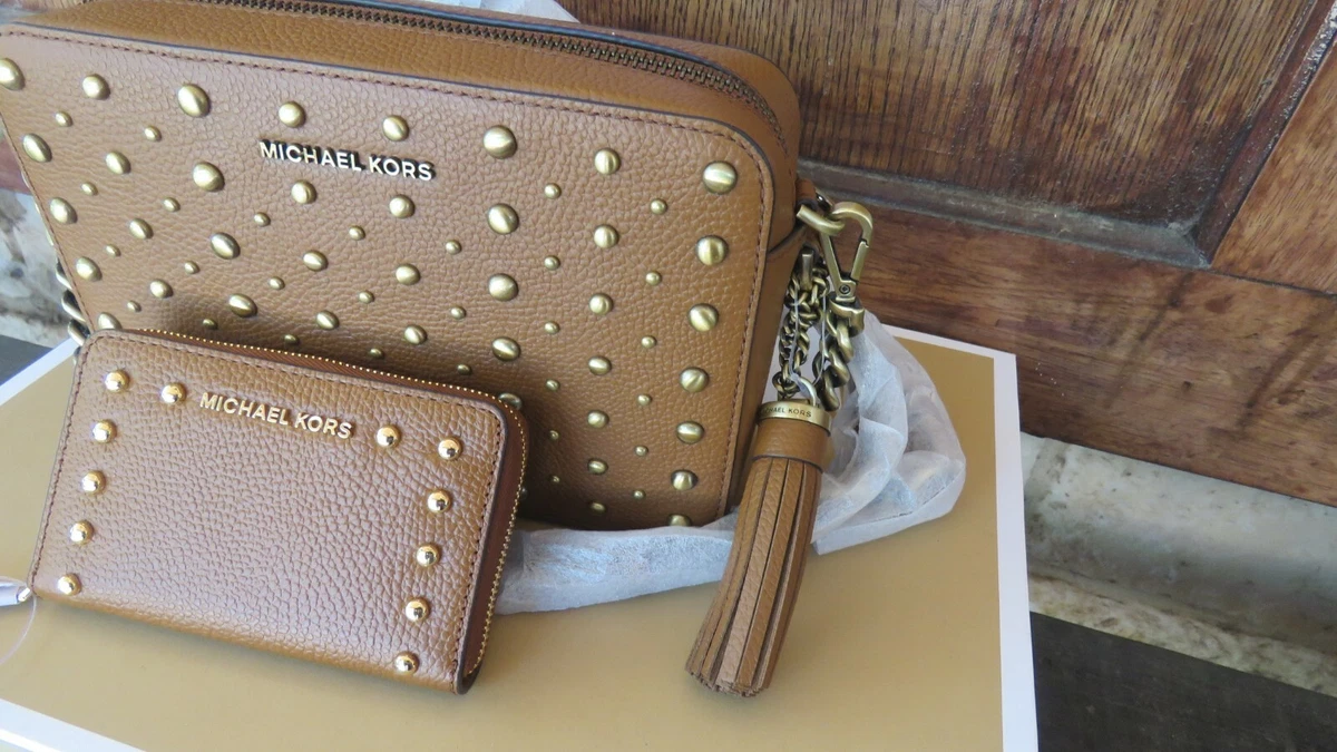 NEW Michael Kors Ginny Brown Studded Chain Leather Crossbody Bag OR  Bag+Wallet