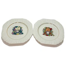 Lord Nelson Pottery Pixie Girl Flowers Wall Plates Set/2 Big Eyed 7-72 England