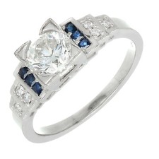 Vintage Old European Cut 1.00ct Diamond Art Deco Step Platinum Sapphire Ring