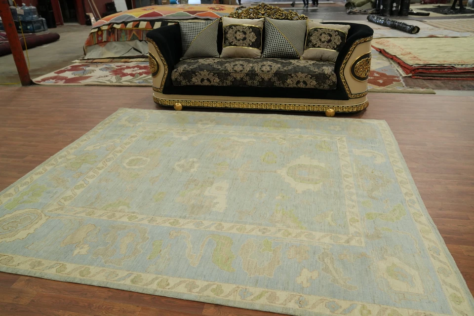 Oushak Area Rug 8x10 Vegetable Dye Blue Transitional Floral Turkish Wool Carpet - Image 3 of 4