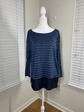 Ann Taylor LOFT Navy Stripe Tunic Blouse Women's Size Small Semi-Sheer Bottom