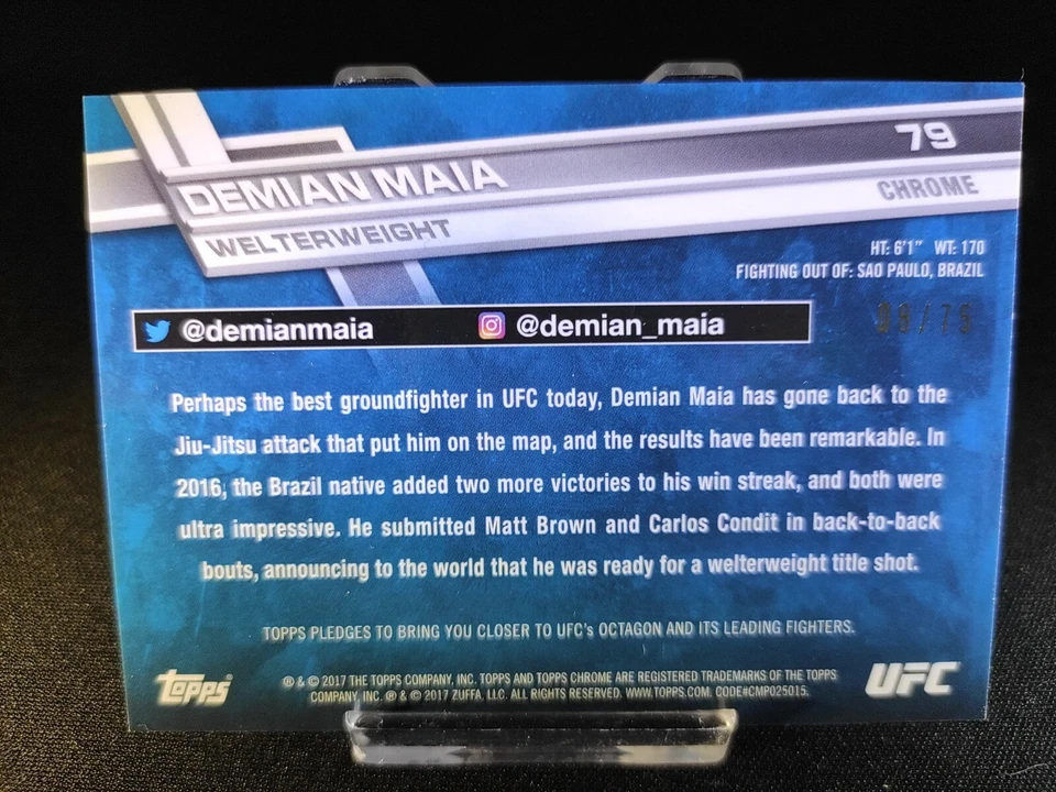2017 Demian Maia UFC Topps Chrome BLUE WAVE REFRACTOR Parallel SP # /75 RARE ! - Image 2 of 3