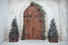 10x8ft Rustic Wooden Door Decor Christmas Trees Photo Background Vinyl Backdrop