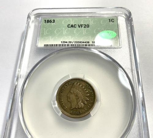 1863 CAC VF20 Indian Head Cent - Round Money Coin Shop