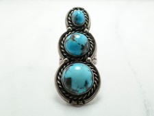 Native American Boho Turquoise Three Stone Sterling Silver Ring Size 7 3/4
