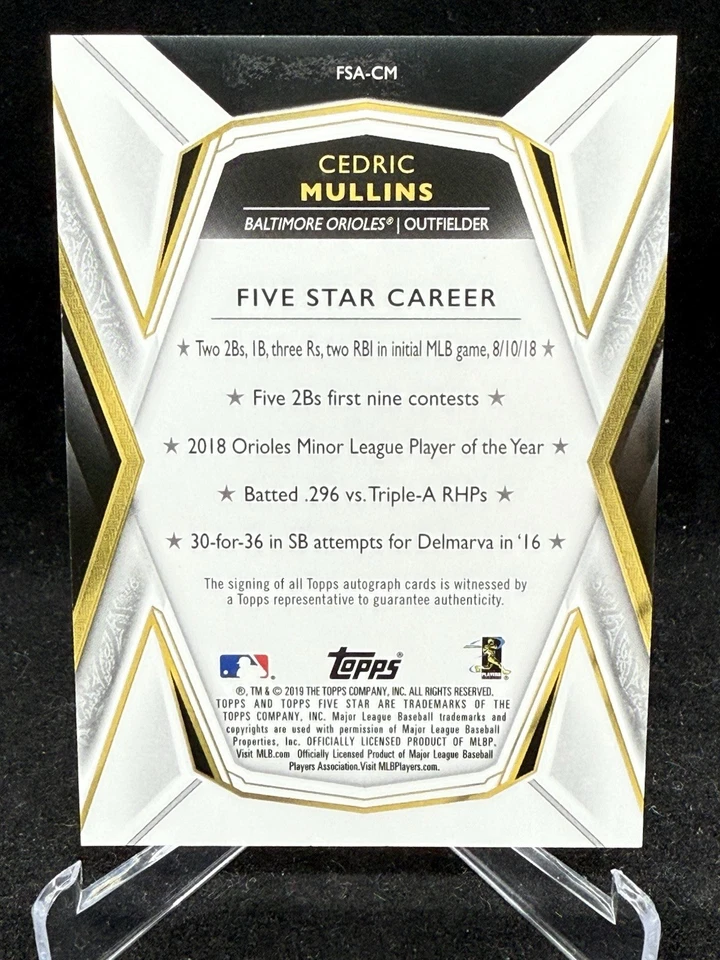 2019 Topps Five Star Cedric Mullins Orioles Rookie Autograph Auto RC #FSA-CM - Image 2 of 2