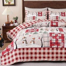 3 Pieces Christmas Quilt Rustic Buffalo Plaid Quilt Set Reversible, Queen Red