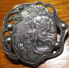 Vintage Antique French~4 SEASONS-"SPRING"NOUVEAU LADY~1 CRACKED MARCASITE Button