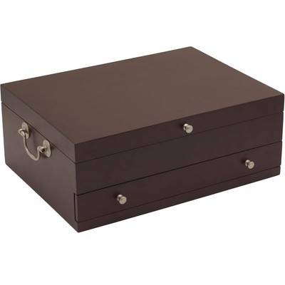 Felt Lined Flatware Storage Chest with Drawer, 15 Inch, Dark Walnut