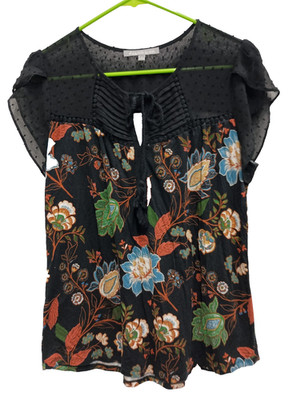 Daniel Rainn Womens BOHO Peasant Dark Fairy Top Small Black Floral Sheer Yoke