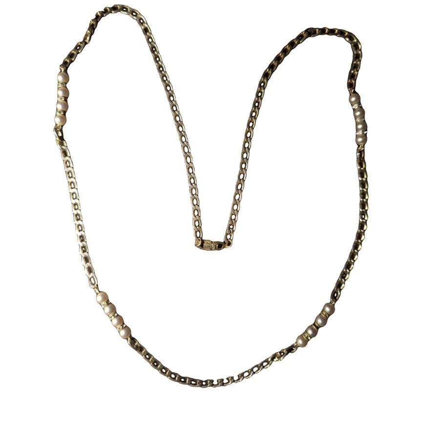 Christian Dior Vintage Gold Plated Faux Pearl Rhinestone Chain 