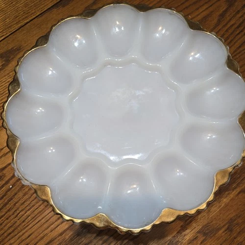 Vintage Anchor Hocking Deviled Egg Serving Plate with gold trim