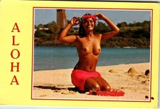 Vintage Hawaiian Postcard of Beautiful Maiden on Sunny Island Beach