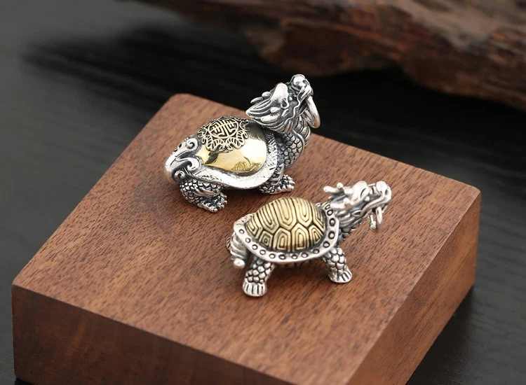 Colgantes de plata esterlina S925 TORTUGA DRAGÓN amuleto oxidado de latón de dos tonos Foto 4 de 4
