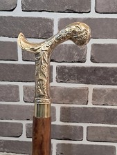 Vintage Brass Handle Wooden Walking Stick   Solid Wood Cane, Antique Style