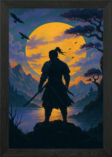 Samurai Silhouette Under a Full Moo Framed Wall Art Poster Canvas Print Picture