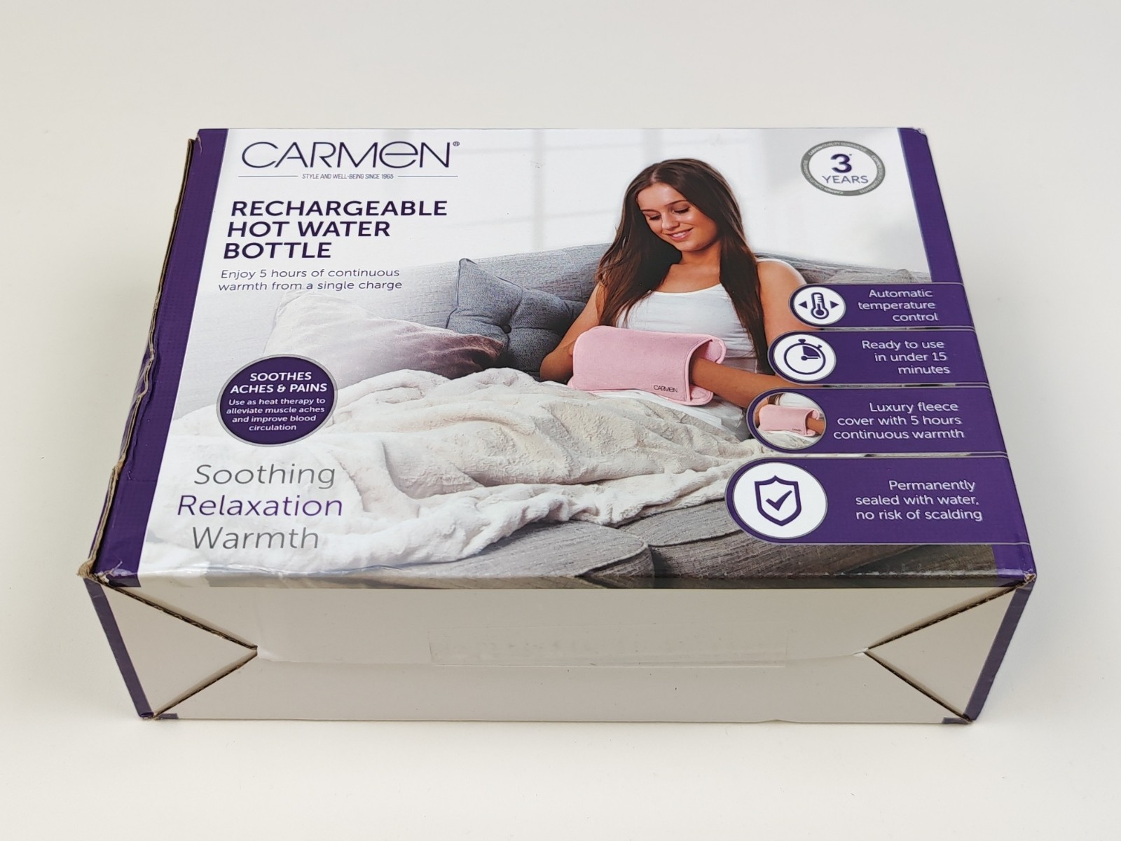 Carmen Rechargeable Hot Water Bottle, Soft Touch Fleece Cover, Hand Warmer, Auto
