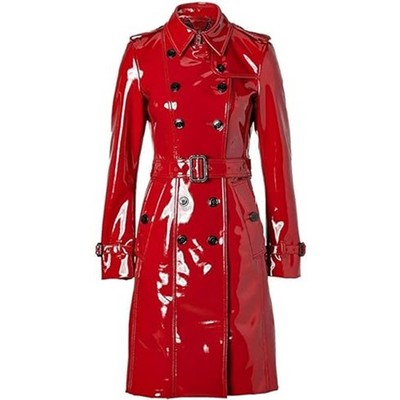 MM Women's New Red PVC Leather Vinyl Shinny Light Weighted Trench Coat