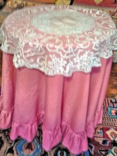Vtg Table Topper 26" Round Wt Linen Floral Handmade Lace Hearts Whitework Embr