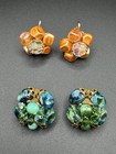 Vintage Cluster Earrings Lot Peach Coral,Green Glass Beads Aurora Borealis Clip — photo 1
