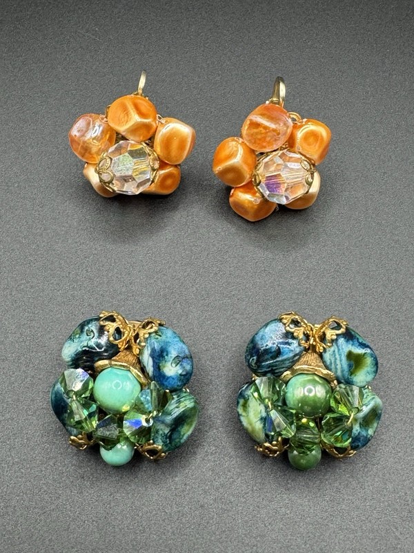 Vintage Cluster Earrings Lot Peach Coral,Green Glass Beads Aurora Borealis Clip