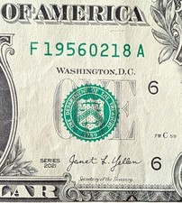 2021 $1 bill fancy serial, birthday date note February 18, 1956. F 19560218 A