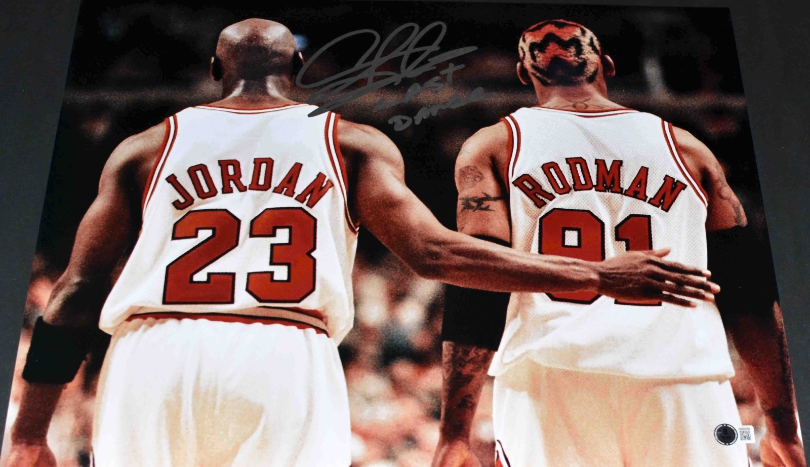 Dennis Rodman Autographed Signed Chicago Bulls MICHAEL JORDAN 16x20 PHOTO W/ LAST DANCE 