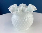 Vintage Fenton Bud Vase White Milk Glass Hobnail Bowl with ruffled edge