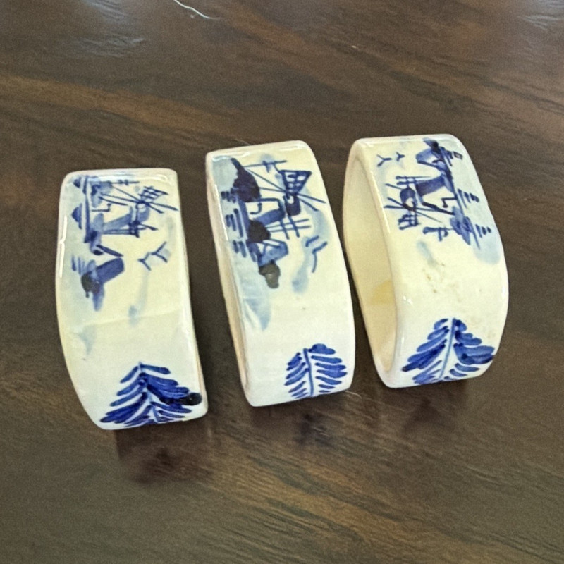 Set of 3 Blue & White Ceramic Napkin Rings, Pictorial Scenic Design