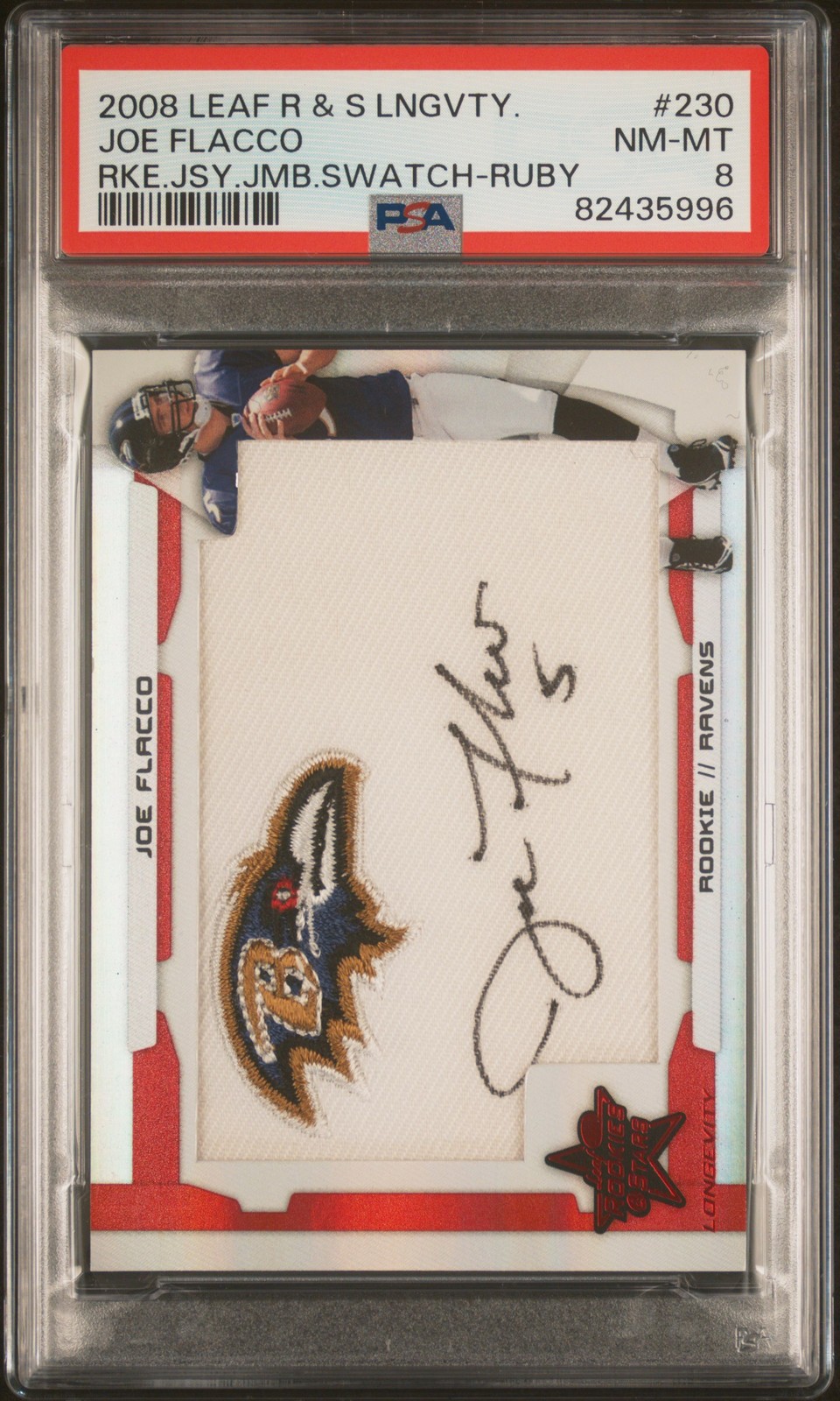 Joe Flacco Leaf Rookie & Stars Longevity #230 Rookie Jersey Jumbo Swatch-Ruby