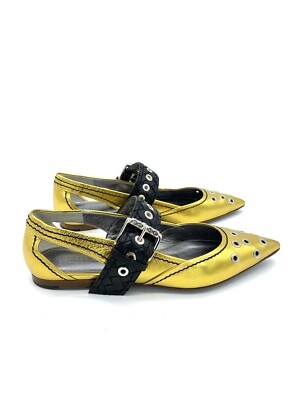 Bottega Veneta Gold Leather Ballet Flats Buckle Strap Size 34.5 4.5 Women