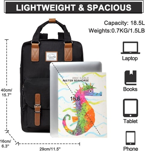 Laptop Backpack Bags 15.6 Inch School Backpack Women Vintage Work Office BLACK - Picture 3 of 7