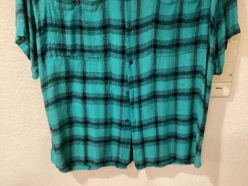 Point Zero S/S Teal/Black Plaid 100% Rayon Burlap Look Mat’l 50”Cx32”L Sz Large - Picture 4 of 7