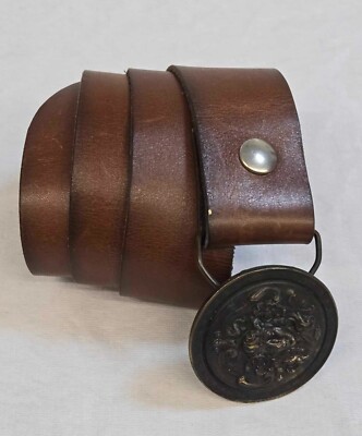 Vtg Art Nouveau Style Leather Belt Woman Floral Buckle Brass  display picture 1