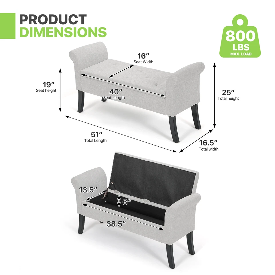 Gray Rectangle Storage Bench Fabric 25" Footstool w/Wood Legs&Upholstered Arms - Imagem 3 de 4