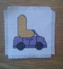 Completed Cross Stitch Card Insert Car 8cm by 8.5cm Birthday Boys L