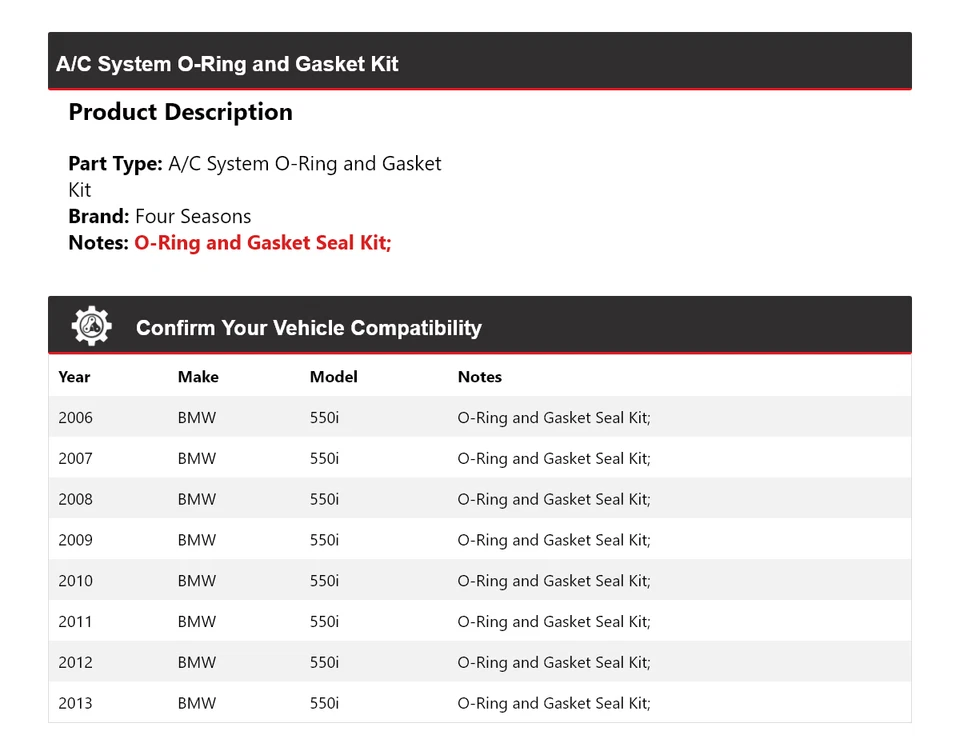 Kit de junta tórica y junta sistema de aire acondicionado BMW 550i 2006-2013 4 estaciones 2007 2008 2009 Foto 2 de 4