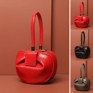 Small-Large-Snake-Print-Real-Leather-Round-Pouch-Purse-Top-Handle-Grab-Bag