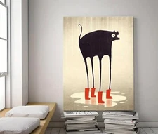Canvas Wall Art  BLACK CAT IN RED RAIN BOOTS  Unframed 12 x 16   231