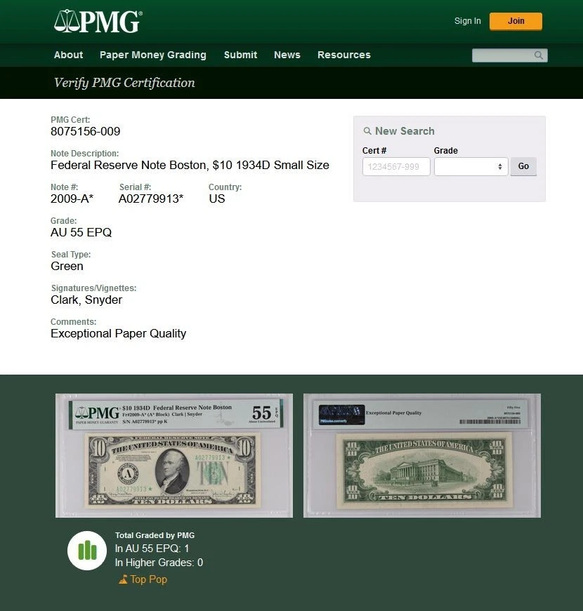 1934D $10 Federal Reserve Note - PMG 55EPQ - Top Pop 1/0 Boston Star Fr 2009-A* - Image 2 of 4